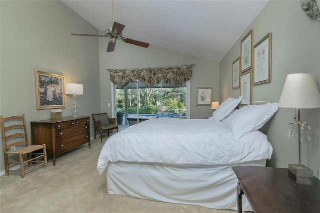 bedroom featuring baseboards, a ceiling fan, access to exterior, high vaulted ceiling, and light colored carpet