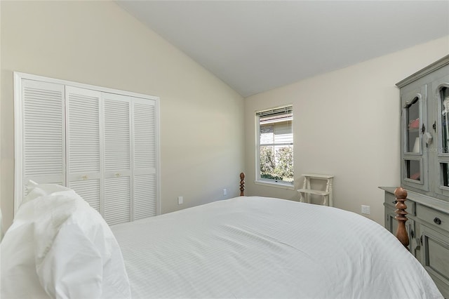 bedroom with a closet and lofted ceiling