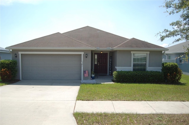 1381 Woodlark Dr, Haines City, FL 33844 - ranch-style home with a garage, stucco siding, and concrete driveway