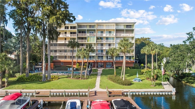 view of building exterior featuring a water view