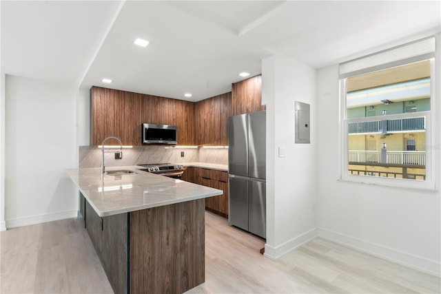 kitchen with a peninsula, baseboards, appliances with stainless steel finishes, a sink, and backsplash