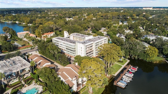 drone / aerial view featuring a water view