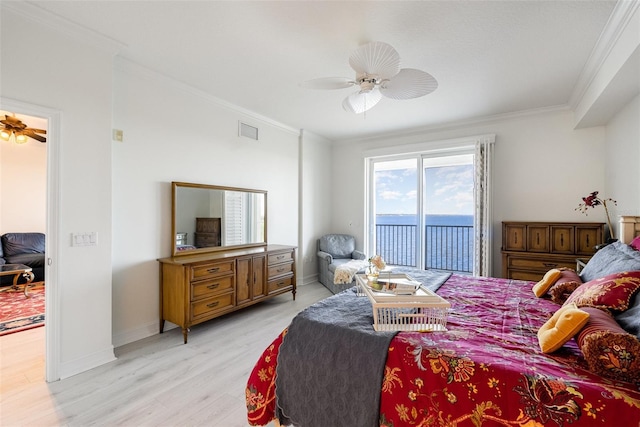 490 Sail Ln Unit 702, Merritt Island, FL 32953 - bedroom featuring ornamental molding, baseboards, access to outside, light wood-style floors, and visible vents
