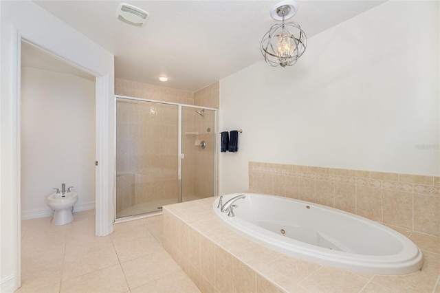 490 Sail Ln Unit 702, Merritt Island, FL 32953 - bathroom with a stall shower, a jetted tub, a bidet, tile patterned flooring, and visible vents