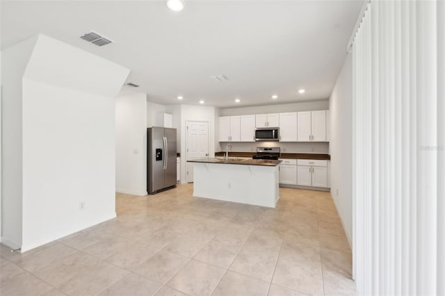 4705 Jasmine Cir, Leesburg, FL 34748 - kitchen with stainless steel appliances, dark countertops, a sink, recessed lighting, and white cabinetry