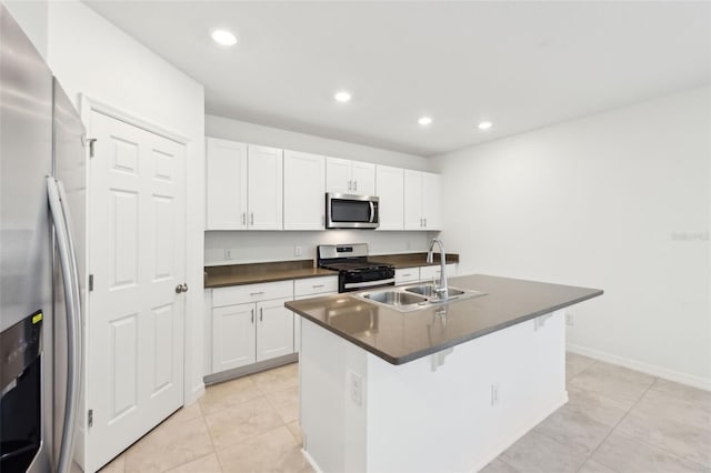 4705 Jasmine Cir, Leesburg, FL 34748 - kitchen featuring appliances with stainless steel finishes, dark countertops, a sink, light tile patterned floors, and recessed lighting
