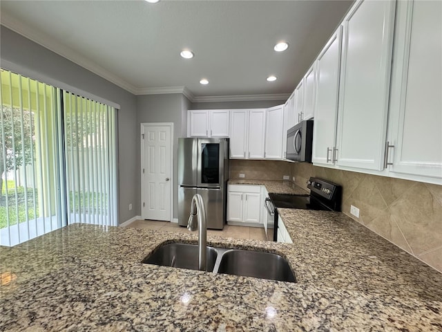 191 Chickasaw Berry Rd, Ocoee, FL 34761 - kitchen with smart refrigerator, a sink, black range with electric cooktop, dark stone countertops, and white cabinets