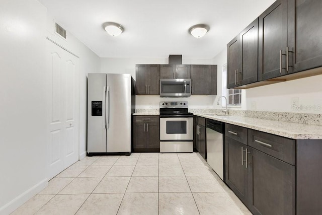 5763 Saint Christopher Dr Unit 55, Orlando, FL 32822 - kitchen featuring visible vents, light tile patterned floors, a sink, dark brown cabinetry, and stainless steel appliances