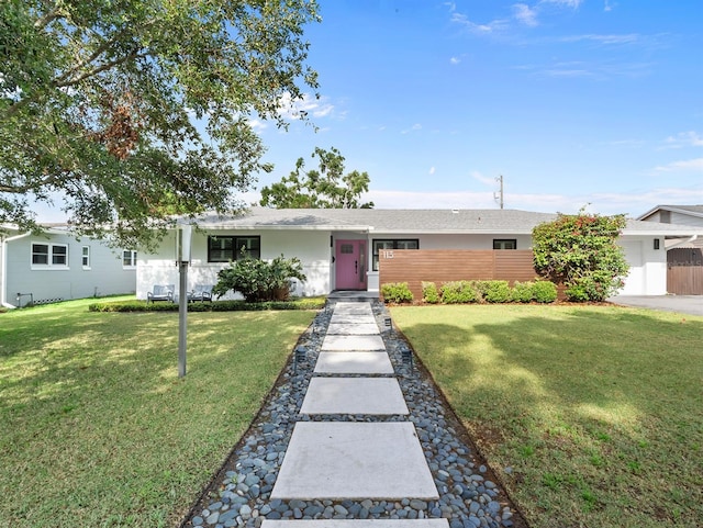 single story home with a front lawn, stucco siding, and fence