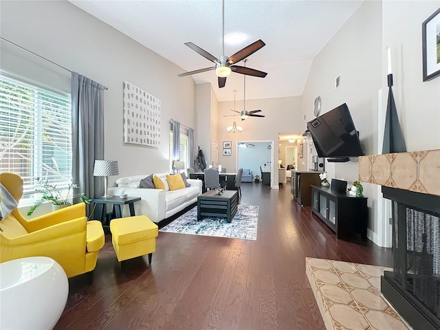419 Newton Pl, Longwood, FL 32779 - living area with high vaulted ceiling, ceiling fan, wood finished floors, and visible vents