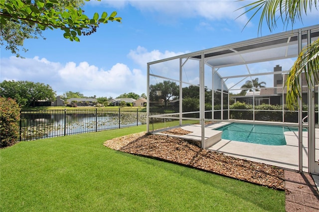 view of swimming pool with a fenced in pool, fence, a lanai, a water view, and a yard