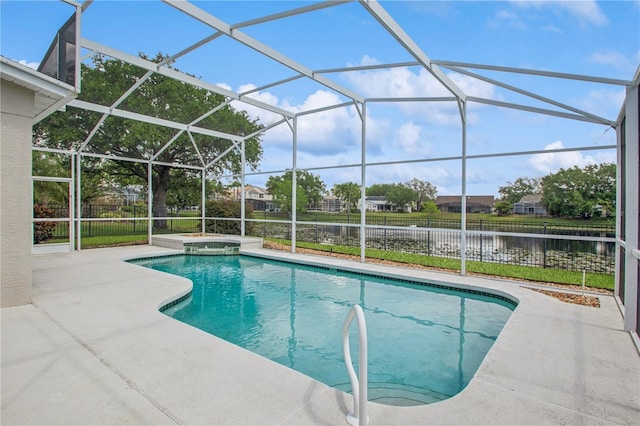view of pool featuring a water view, fence, a pool with connected hot tub, a lanai, and a patio area