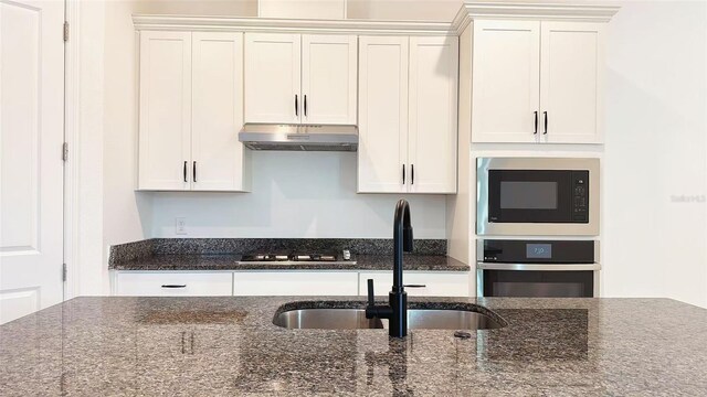 kitchen with stainless steel appliances, under cabinet range hood, white cabinets, and a sink