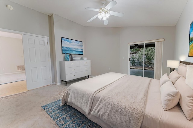 bedroom featuring access to exterior, visible vents, baseboards, ceiling fan, and light colored carpet