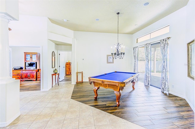 2626 Greenwillow Dr, Orlando, FL 32825 - rec room featuring billiards table, light tile patterned floors, baseboards, a chandelier, and decorative columns