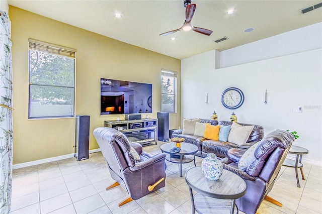 2626 Greenwillow Dr, Orlando, FL 32825 - living room featuring a ceiling fan, plenty of natural light, baseboards, light tile patterned floors, and recessed lighting
