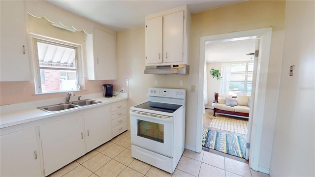 340 Zelda Blvd, Daytona Beach, FL 32118 - kitchen with white range with electric cooktop, a sink, under cabinet range hood, and white cabinetry