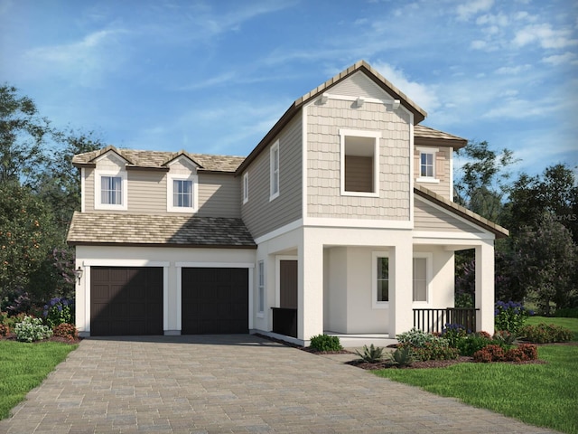 view of front of property with a porch, decorative driveway, a garage, and roof with shingles