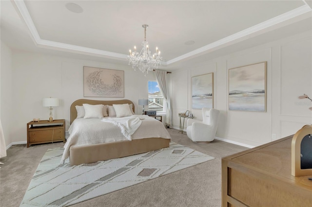 13640 Haulover Beach Ln, Orlando, FL 32827 - bedroom with ornamental molding, a tray ceiling, a notable chandelier, and light colored carpet