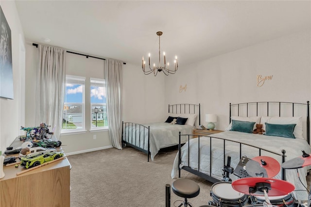 13640 Haulover Beach Ln, Orlando, FL 32827 - bedroom with baseboards, carpet flooring, and an inviting chandelier