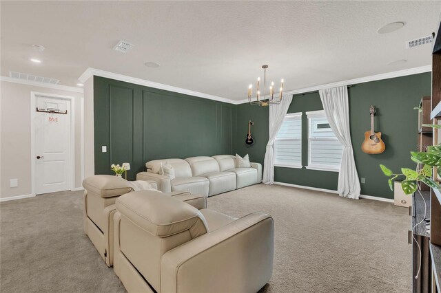 13640 Haulover Beach Ln, Orlando, FL 32827 - living area with visible vents, light colored carpet, ornamental molding, and an inviting chandelier