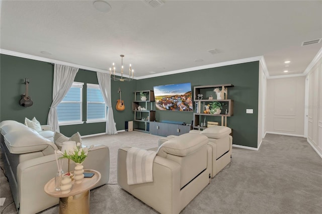 13640 Haulover Beach Ln, Orlando, FL 32827 - living area featuring light carpet, crown molding, a notable chandelier, and visible vents