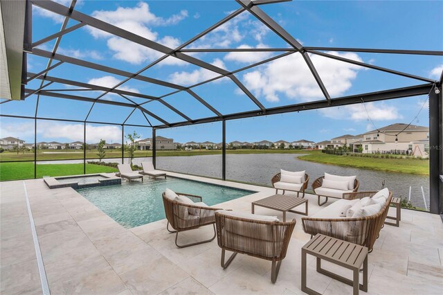 13640 Haulover Beach Ln, Orlando, FL 32827 - view of swimming pool featuring a water view, a residential view, glass enclosure, and a patio