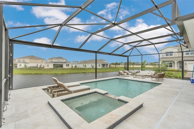 13640 Haulover Beach Ln, Orlando, FL 32827 - view of swimming pool featuring a residential view, a pool with connected hot tub, a patio, and a lanai