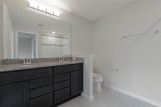 full bath featuring visible vents, toilet, a shower, and a sink