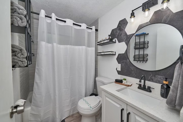 1405 Smith Dr N, Titusville, FL 32780 - bathroom featuring curtained shower, a textured ceiling, toilet, and vanity
