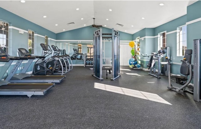 3399 Buoy Cir, Winter Garden, FL 34787 - workout area with lofted ceiling, ceiling fan, visible vents, and a healthy amount of sunlight