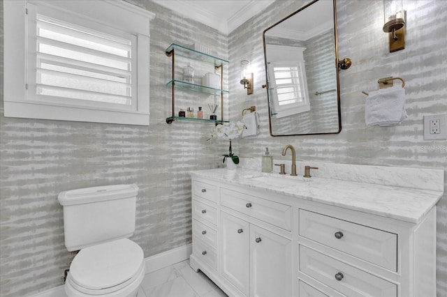 5205 Saint Regis Pl, Belle Isle, FL 32812 - bathroom featuring toilet, crown molding, marble finish floor, and vanity