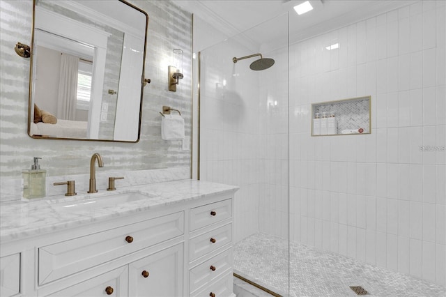 5205 Saint Regis Pl, Belle Isle, FL 32812 - bathroom featuring walk in shower, vanity, and ornamental molding