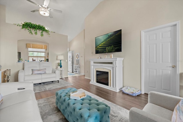2808 Osprey Cove Pl Unit 201, Kissimmee, FL 34746 - living area with high vaulted ceiling, a ceiling fan, wood finished floors, and a glass covered fireplace