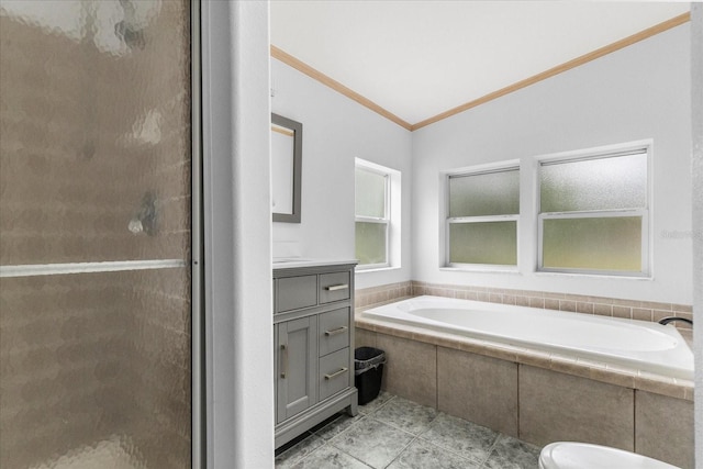 10809 Cedar Cove Dr, Thonotosassa, FL 33592 - bathroom with a shower stall, a bath, vanity, and ornamental molding