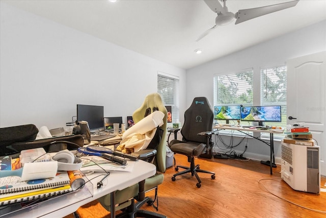 10809 Cedar Cove Dr, Thonotosassa, FL 33592 - office space featuring baseboards, vaulted ceiling, wood finished floors, and ceiling fan