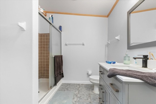 10809 Cedar Cove Dr, Thonotosassa, FL 33592 - bathroom featuring a shower stall, vanity, ornamental molding, toilet, and baseboards