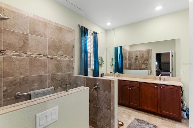 full bath with vanity, ensuite bath, recessed lighting, and walk in shower