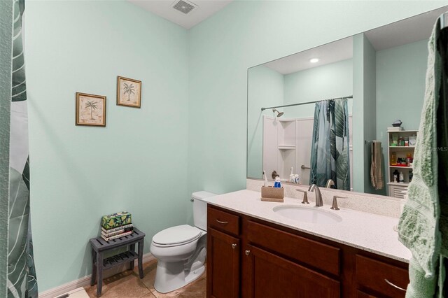full bathroom featuring a shower with curtain, vanity, toilet, tile patterned floors, and visible vents
