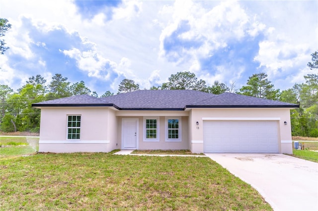 single story home with concrete driveway, stucco siding, a front lawn, and a garage