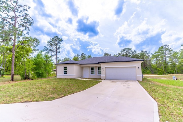single story home with an attached garage, driveway, stucco siding, and a front yard