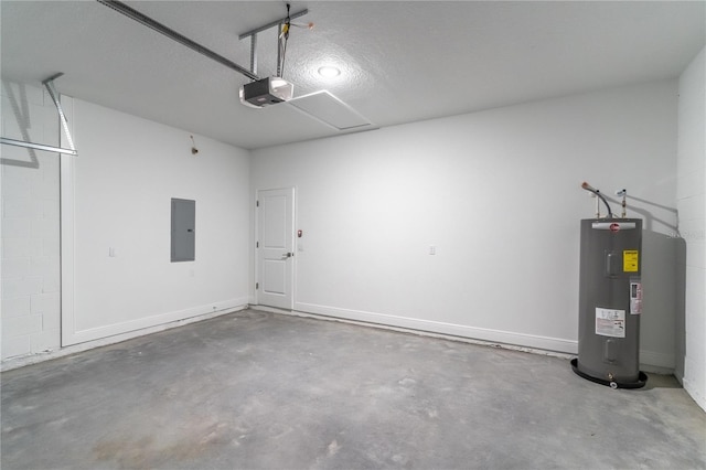 garage with electric water heater, a garage door opener, and electric panel