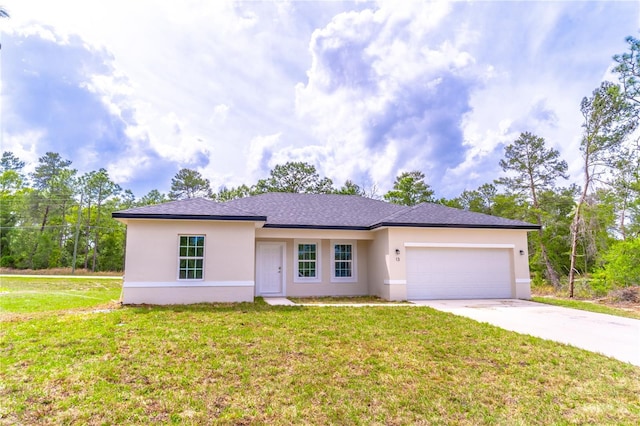 ranch-style house featuring a garage, stucco siding, driveway, and a front lawn