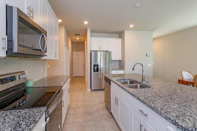 kitchen with tasteful backsplash, recessed lighting, white cabinetry, stainless steel appliances, and a sink