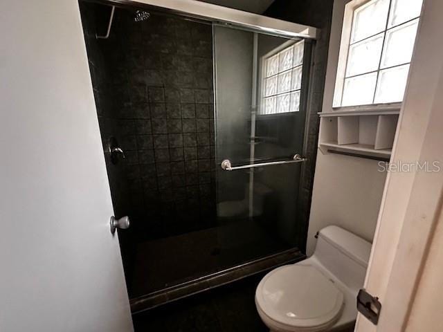 full bathroom featuring toilet and a shower stall