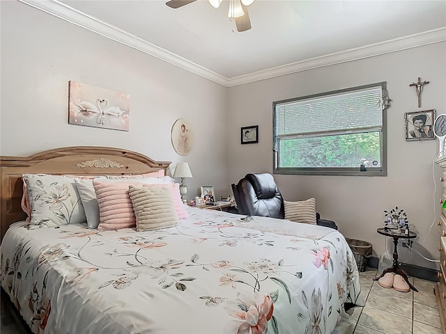 bedroom with light tile patterned floors, crown molding, and ceiling fan