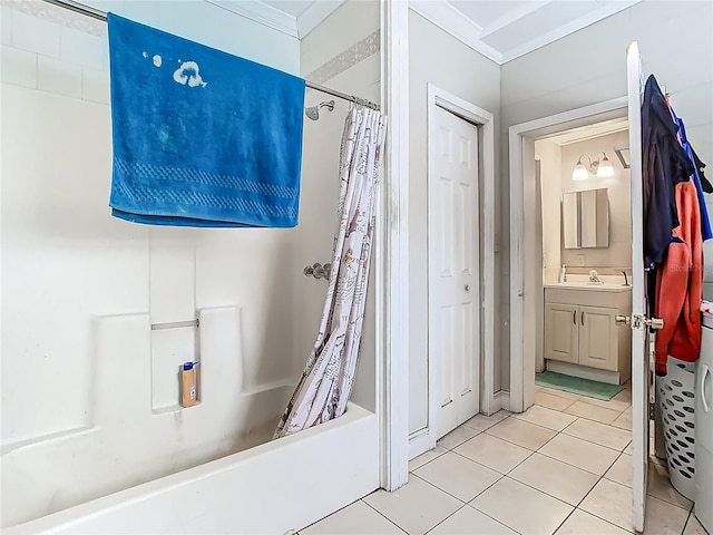full bath with crown molding, tile patterned flooring, and vanity