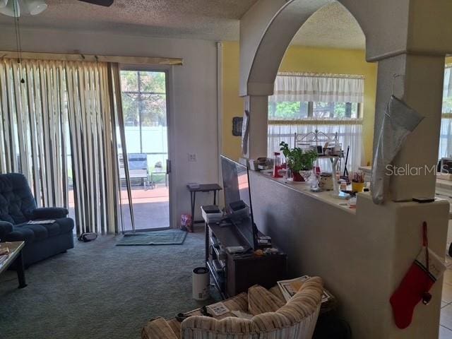 450 Morning Blossom Ln, Oviedo, FL 32765 - living room with arched walkways, carpet, a textured ceiling, and ceiling fan