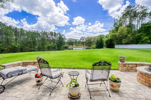 view of patio / terrace with a water view
