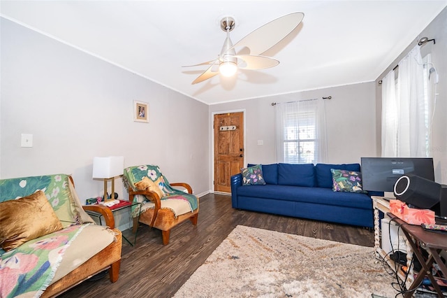 1204 34th St, Orlando, FL 32805 - living room with crown molding, baseboards, a ceiling fan, and wood finished floors